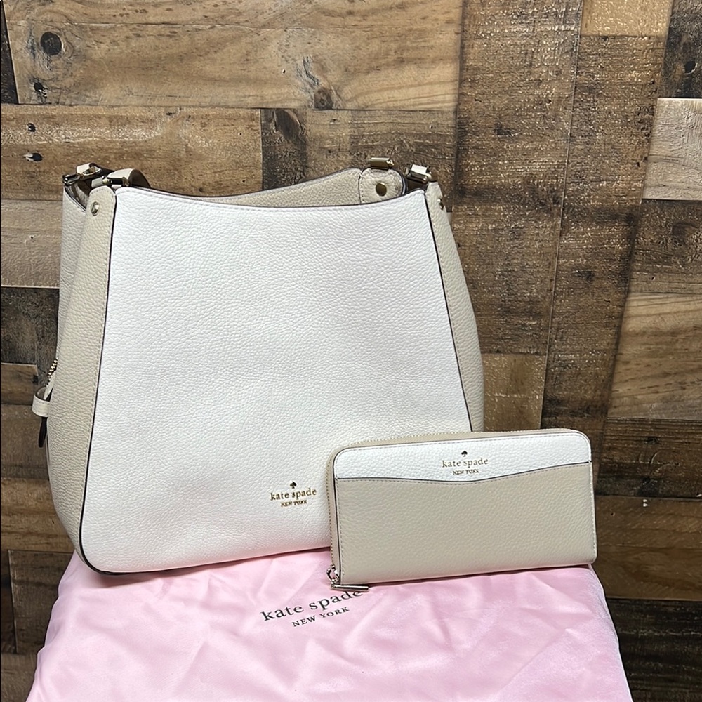 Kate Spade Leila Light Sand Leather Triple Compartment Satchel Bag & wallet Set